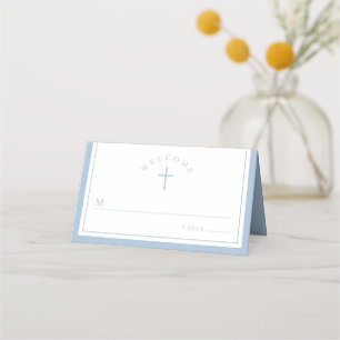 Elegant Baby Blue Religious Boy Baptism Place Card