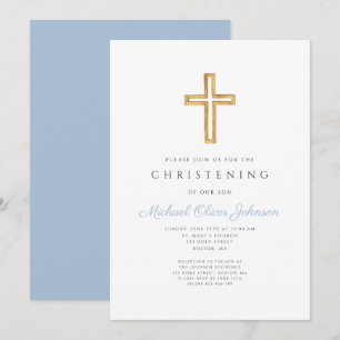 Elegant Baby Blue Religious Cross Boy Christening Invitation