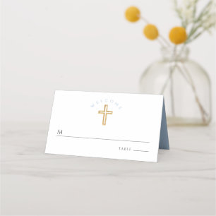 Elegant Baby Blue Script Religious Boy Baptism Place Card