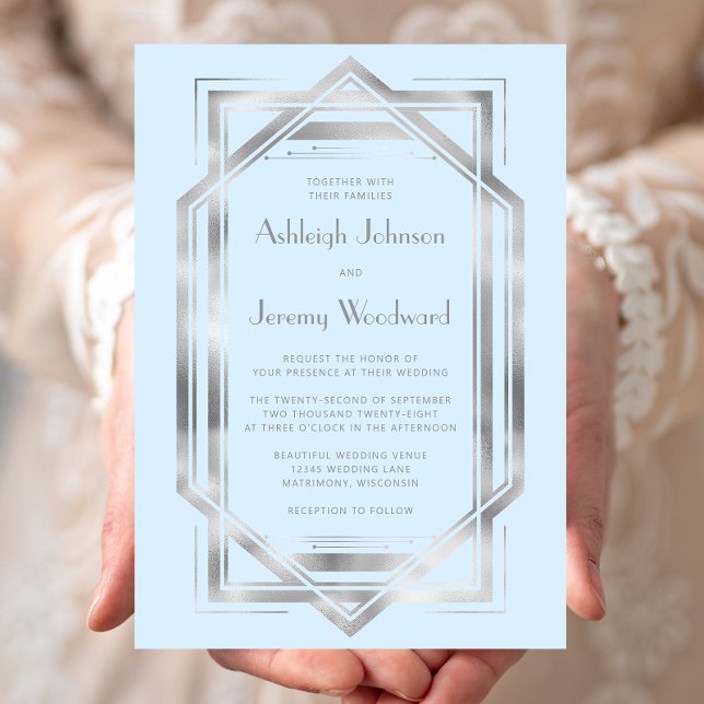 Elegant Baby Blue Silver Vintage Deco Wedding Invitation (Creator Uploaded)