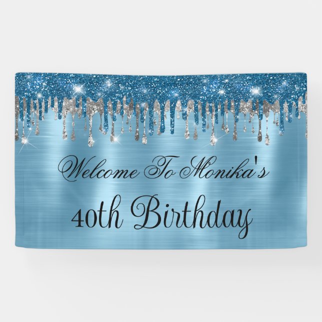 Elegant Baby Blue Sparkle Glitter Drips Birthday  Banner (Horizontal)