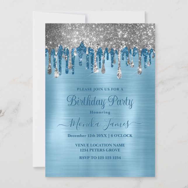 Elegant Baby Blue Sparkle Glitter Drips Birthday  Invitation (Front)