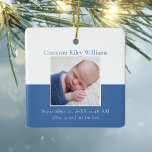 Elegant Baby Boy Newborn Photo Blue Christmas Gift Ceramic Ornament<br><div class="desc">A classic baby boy photo birth announcement Christmas ornament in cute blue with beautiful cursive typography above your sweet newborn photograph. Customize this double-sided gift with your favourite photo of your new infant to give to new grandparents or parents. Add the birth stats in white script for a baby's 1st...</div>