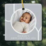 Elegant Baby Boy's First Christmas Photo Grey  Ceramic Ornament<br><div class="desc">This elegant Baby Boy's First Christmas Photo Ornament is decorated with the word JOY on a grey background.
Easily customizable with your photo,  name,  and year.</div>