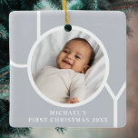 Elegant Baby Boy's First Christmas Photo Grey  Ceramic Ornament<br><div class="desc">This elegant Baby Boy's First Christmas Photo Ornament is decorated with the word JOY on a grey background.
Easily customizable with your photo,  name,  and year.</div>