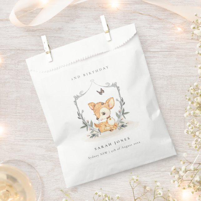 Elegant Baby Deer Floral Crest Any Age Birthday Favour Bag (Clipped)