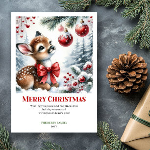 Elegant Baby Deer Snowy Forest Watercolor Greeting Holiday Card