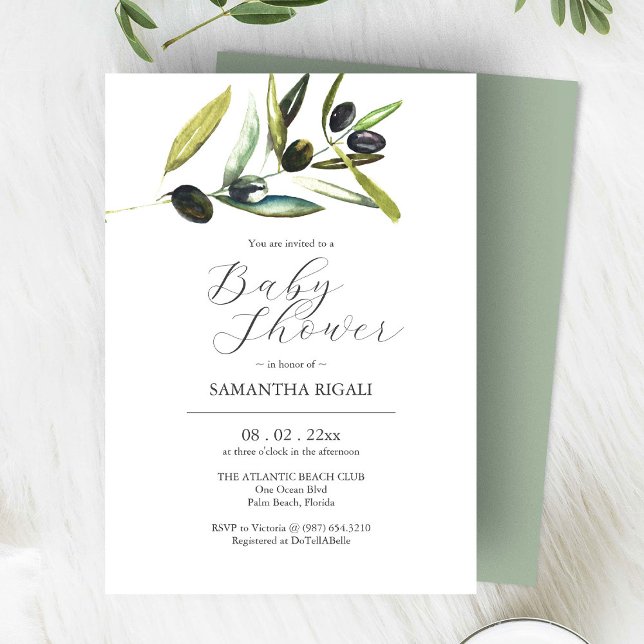 Elégant Baby Douche Invitations Aquarelle Olive (Olive branch baby shower invitations watercolor art by Victoria Grigaliunas Do Tell A Belle)