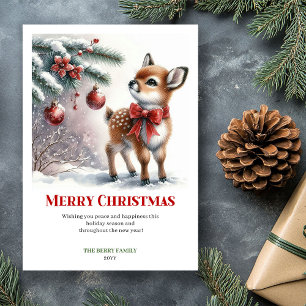 Elegant Baby Fawn Winter Scene Watercolor Greeting Holiday Card