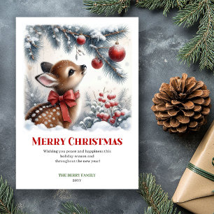 Elegant Baby Fawn Winter Scene Watercolor Xmas Holiday Card