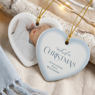 Elegant Baby First Christmas Blue Heart Photo Ceramic Ornament