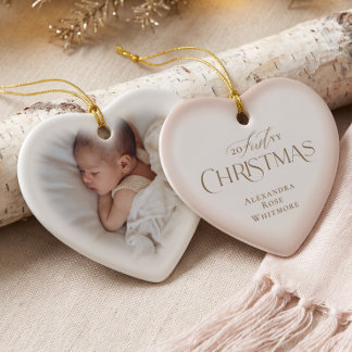 Elegant Baby First Christmas Pink Heart Photo Ceramic Ornament