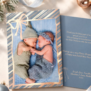 Elegant Baby First Christmas Stripes & Bow Gold Foil Holiday Card