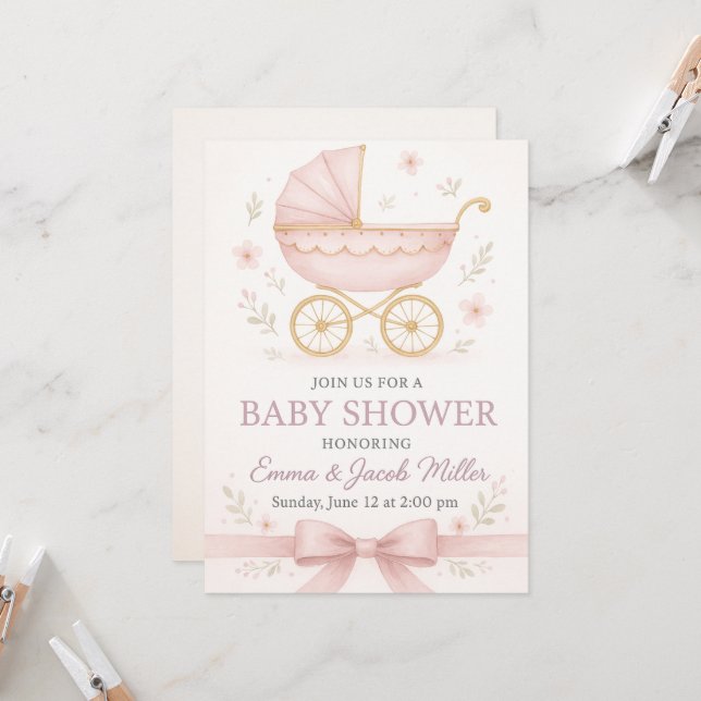 Elegant Baby Girl Shower invitation- vintage Pink Invitation (Front/Back In Situ)