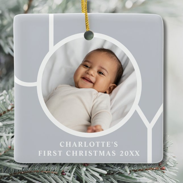 Elegant Baby Girl's First Christmas Photo Grey Ceramic Ornament (Creator Uploaded)
