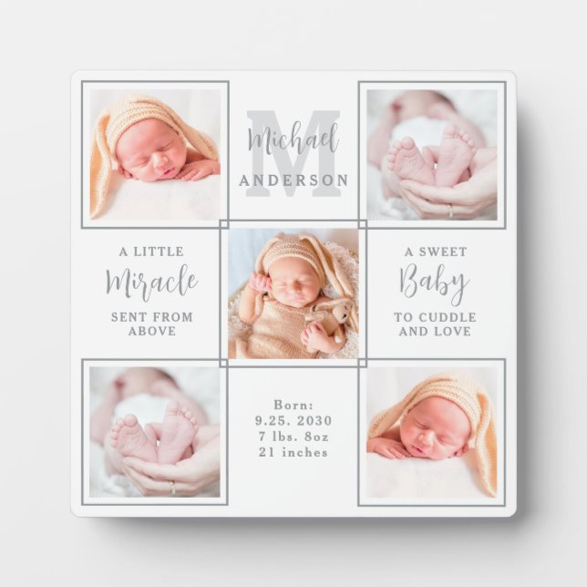 Elegant Baby Newborn Personalized 5 Photo Collage Plaque (Front)