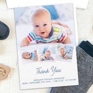 Elegant Baby Personalized 4 Photo Collage Newborn Thank You Card