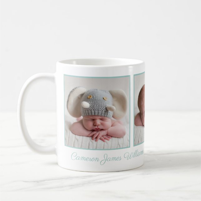 Elegant Baby Photo Collage Mint Green Script Coffee Mug (Left)