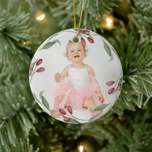 Elegant Baby Photo First Christmas Wreath Ceramic Ornament