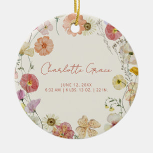 Elegant Baby Photo Pressed Flowers Birth Stats Ceramic Ornament