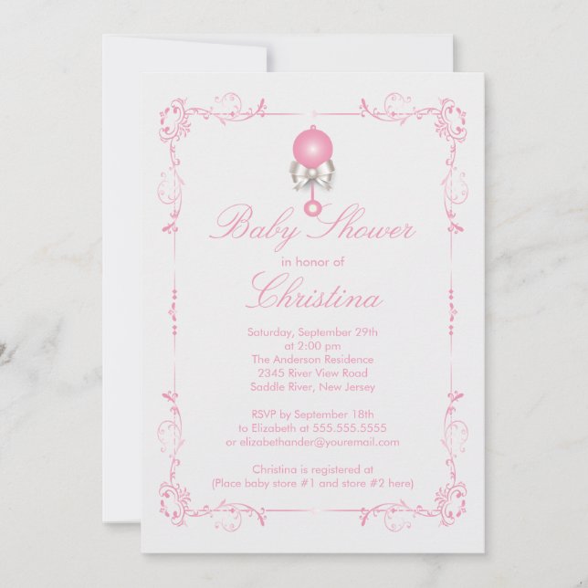 Elegant Baby Rattle Girl Baby Shower Invitation (Front)