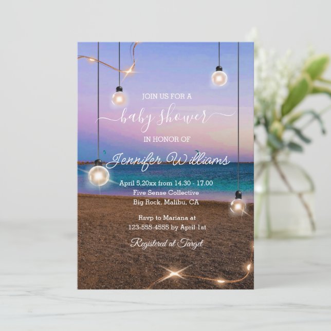 elegant baby shower beach lights tropical chic  invitation (Standing Front)