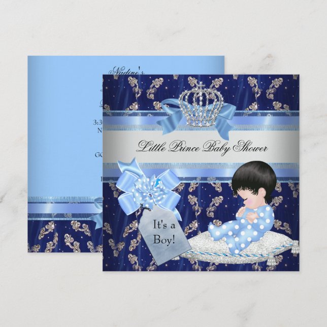 Elegant Baby Shower Boy Blue Little Prince Crown Invitation (Front/Back)