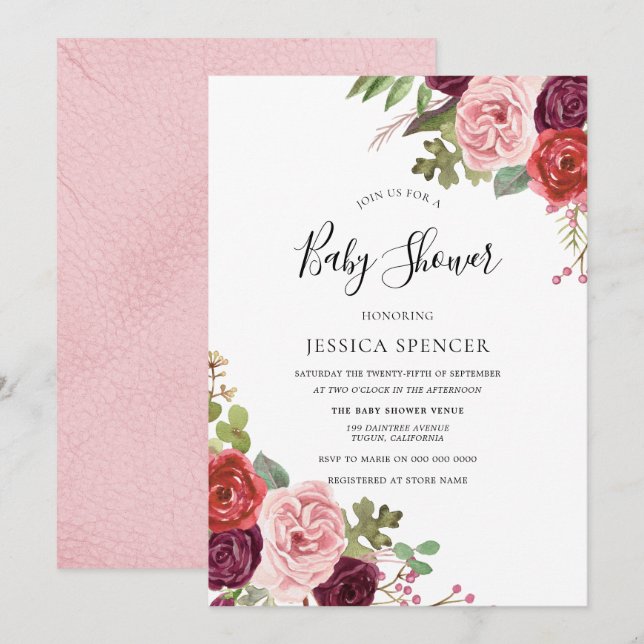 Élégant Baby shower Burgundy Blush Invitation (Devant / Derrière)