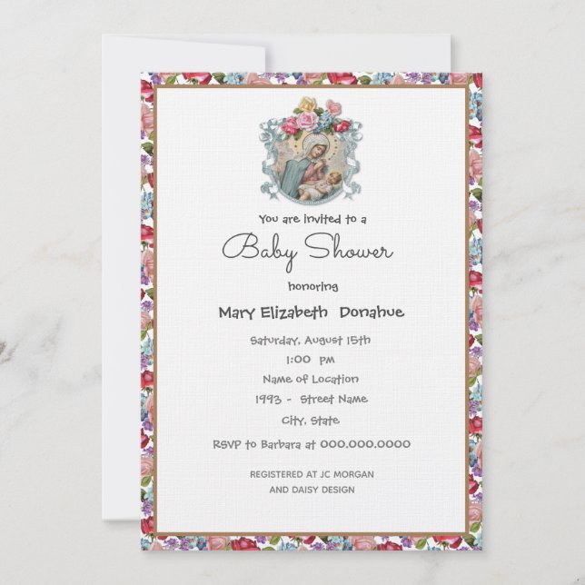 Élégant Baby shower catholique Invitation florale (Devant)
