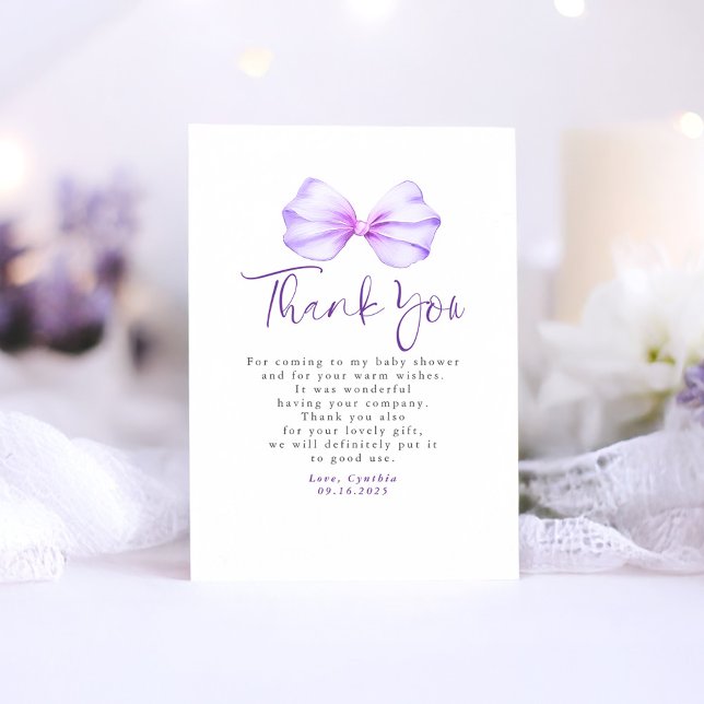 Élégant Baby shower de Merci à mâchoire violet cla (Small Thank You Card with Purple Bow)