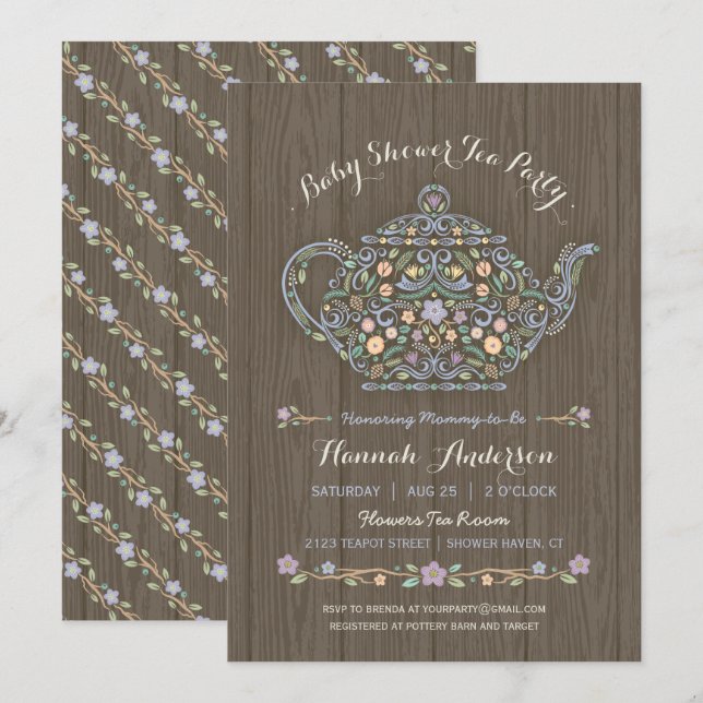 Élégant Baby shower de théière bois Invitation (Devant / Derrière)