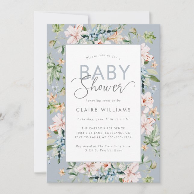 Elégant Baby shower Floral Bleu Invitation (Devant)