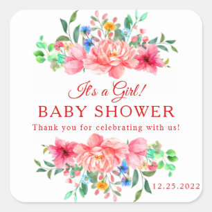 Elegant Baby Shower Pink Rose Flower Square Sticker