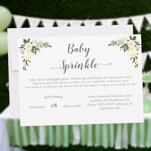 Elegant Baby Shower Sprinkle White Roses Floral Invitation (Creator Uploaded)