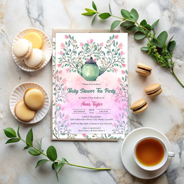 Elegant Baby Shower Tea Party Teapot Floral Invitation (Elegant baby shower tea party invitation with a teapot and floral design elements front and back.)