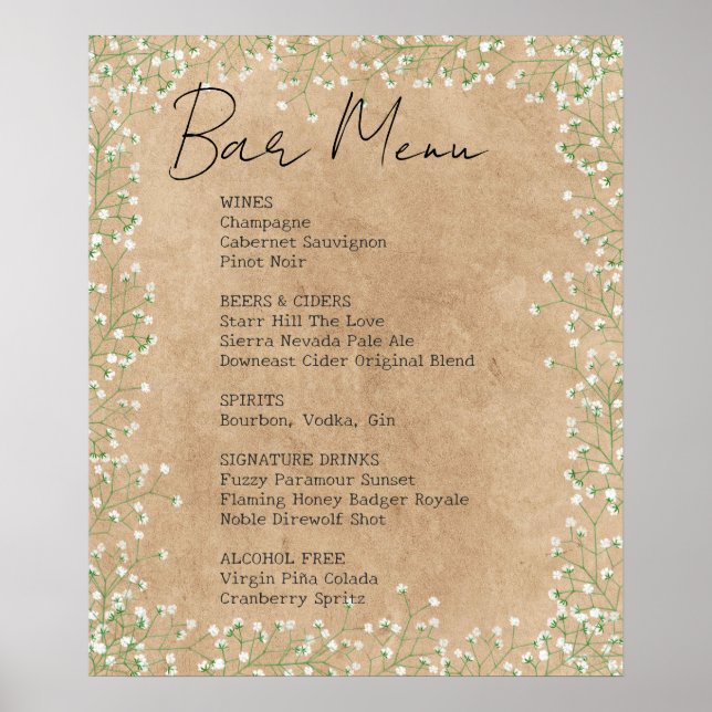 Elegant Baby's Breath Floral Wedding Bar Menu Sign (Front)