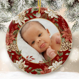 Elegant Baby's First Christmas Birth Stats Photo Ceramic Ornament