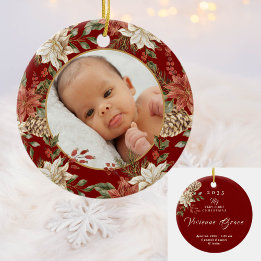 Elegant Baby's First Christmas Birth Stats Photo Ceramic Ornament