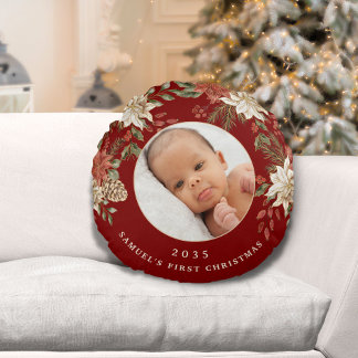 Elegant Baby's First Christmas Photo Round Pillow