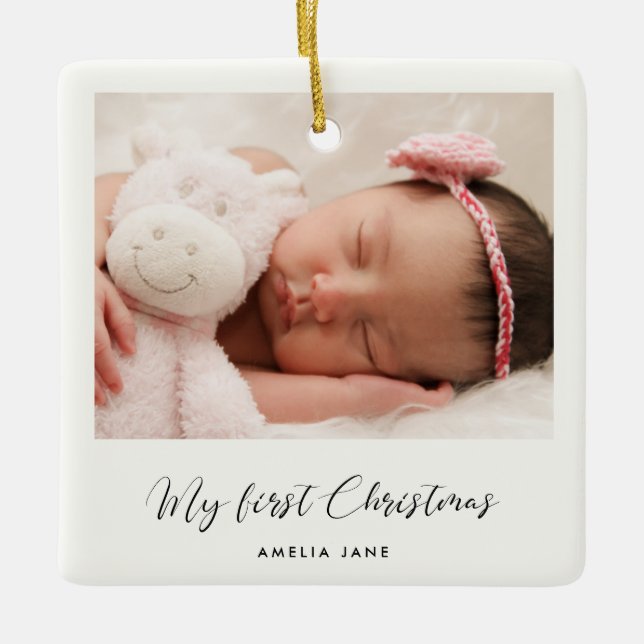 Elegant Baby's My First Christmas photo Ceramic Ornament (Front)