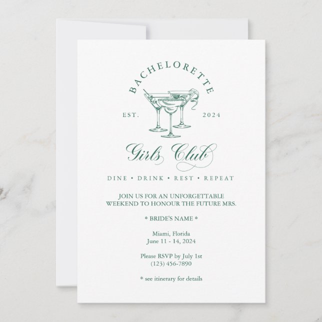 Elegant Bachelorette Girl's Club Invitation (Front)