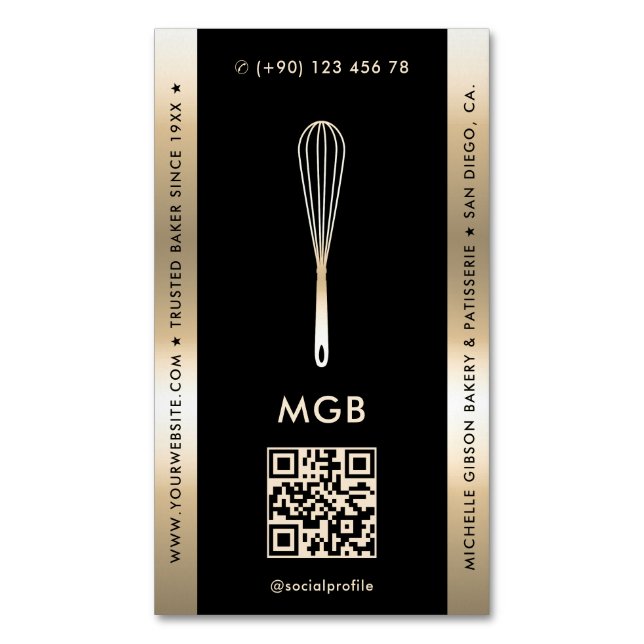 Elegant Baker Caterer Pastry Chef Black Gold Whisk Magnetic Business Card (Front Vertical)