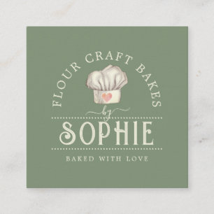 Elegant Baker's Pastry Chef Logo Cream Sage Green Square Business Card