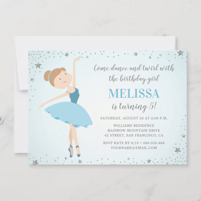 Elegant Ballerina Blue Silver Star | Girl Birthday Invitation (Front)