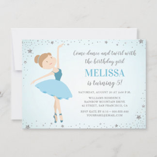 Elegant Ballerina Blue Silver Star | Girl Birthday Invitation