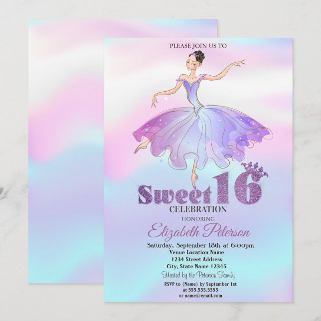 Elegant Ballerina Colourful Ombre Sweet 16 Invitation (Front/Back)