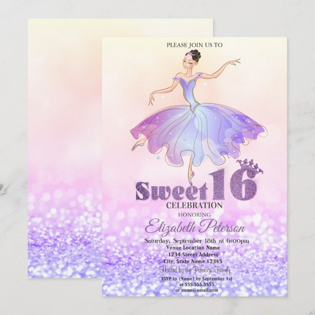 Elegant Ballerina Glitter Bokeh Sweet 16 Invitation (Front/Back)