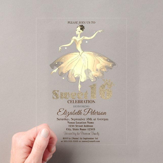 Elegant Ballerina Gold Glitter Bokeh Sweet 16 Acrylic Invitations (Insitu (Handheld))