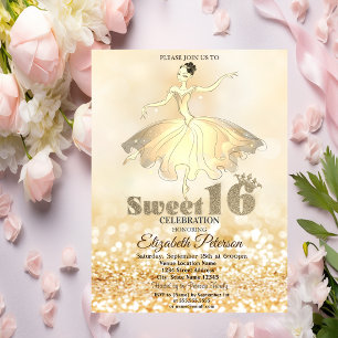 Elegant Ballerina Gold Glitter Bokeh Sweet 16 Invitation