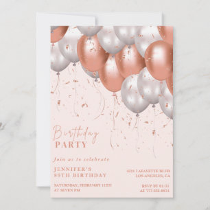 Elegant Ballons Rose gold 89th birthday Invitation